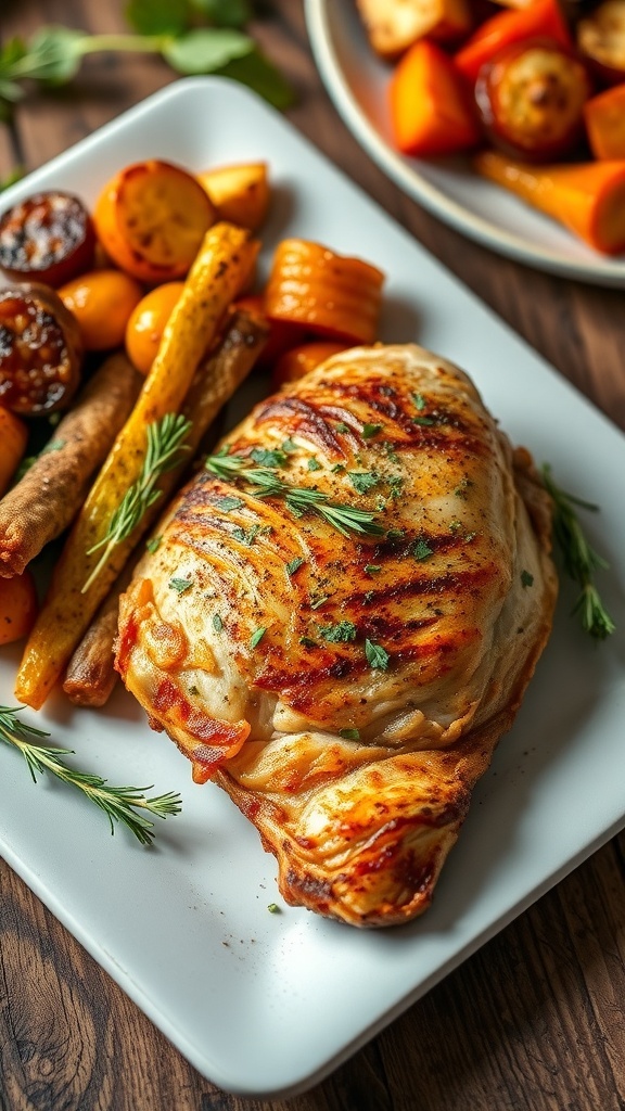 Easy Air Fryer Chicken Dinner Crispy air fryer chicken breast on a plate with roasted vegetables, garnished with herbs.